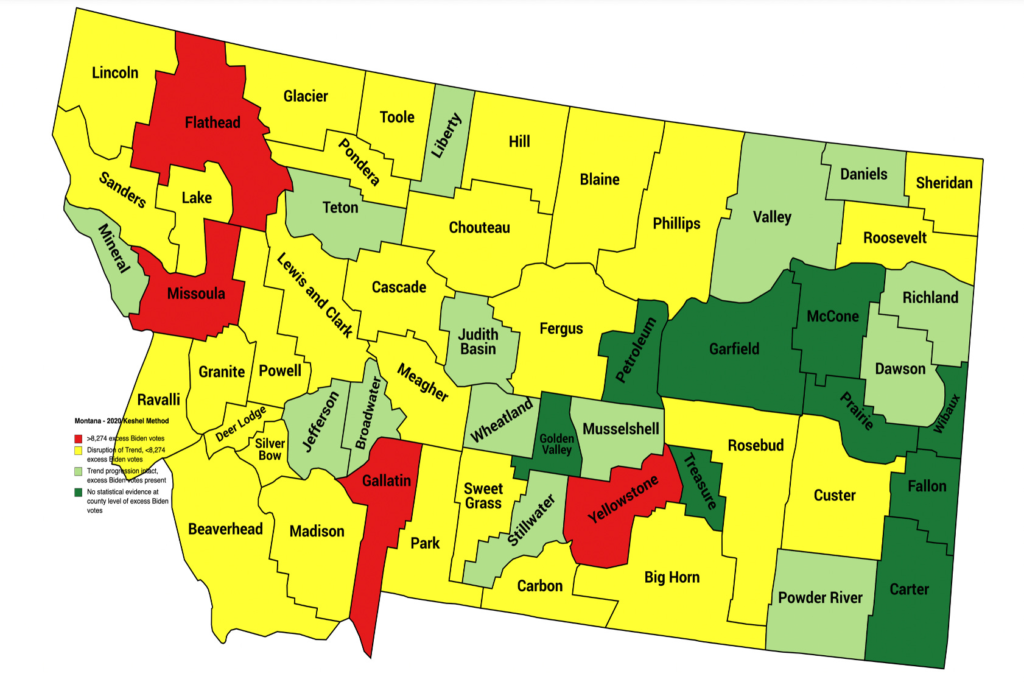 Map of Montana 2020 Election Trend Discrepancies. Red counties include >8,264 estimated excess Biden votes and yellow counties include excess votes that are disruptive of previous trends. Map by Seth Keshel.